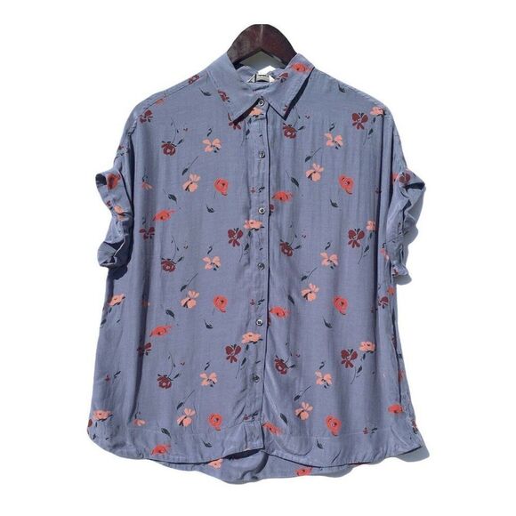 Lucky Brand Women Shirt Top Blouse Small Button Boho Short Sleeve Blue Floral NW - Picture 1 of 8